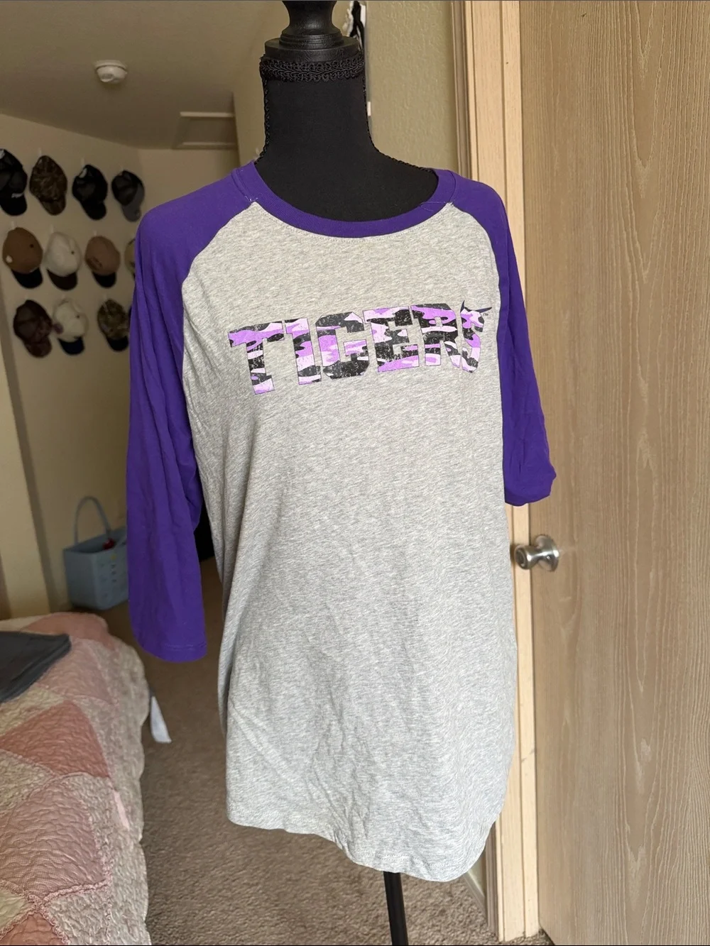 Nike Gray and Purple Raglan Baseball Tee with Graphic